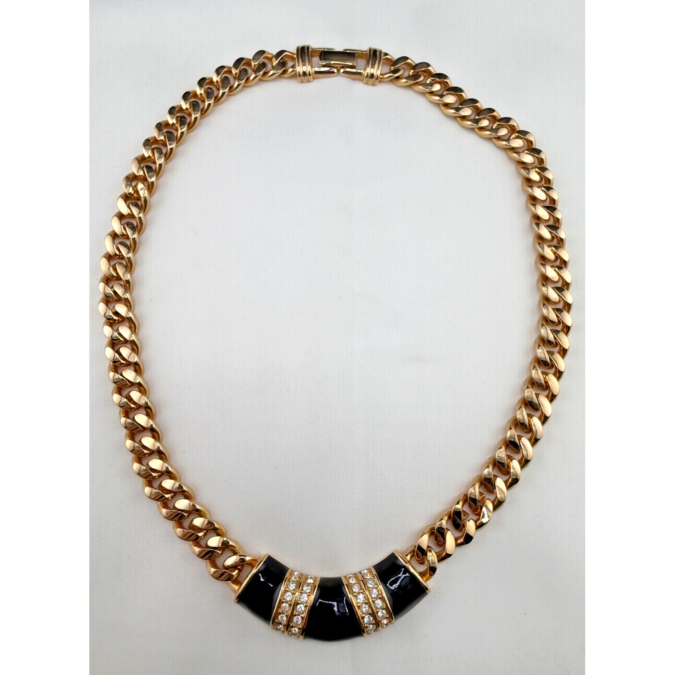 Vintage Swaroski Necklace Rhinestone Curb Chain Black Enamel Sal 17"